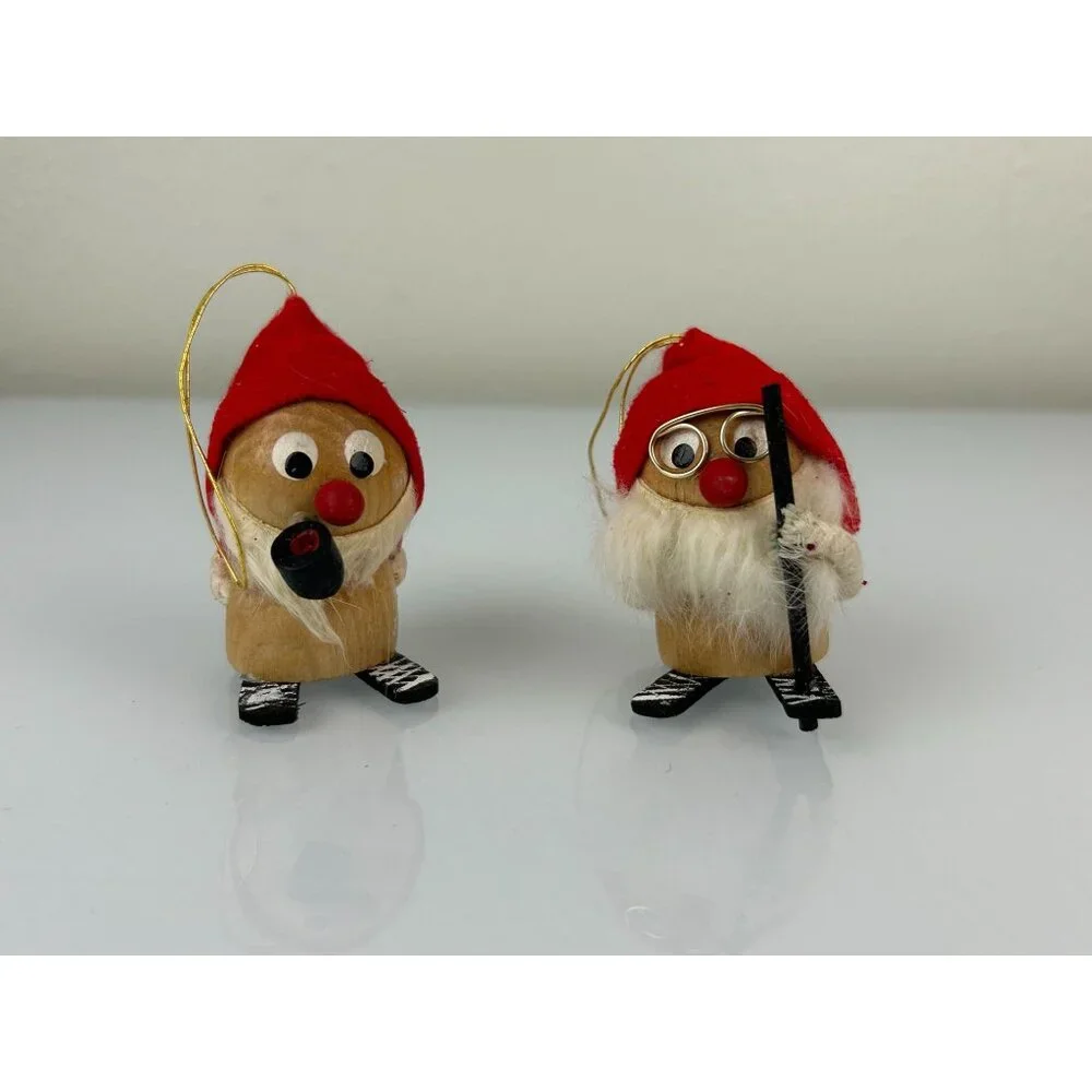 Made in Japan Wooden Skiing Gnomes Christmas Tree Ornaments Handmade Vintage Set